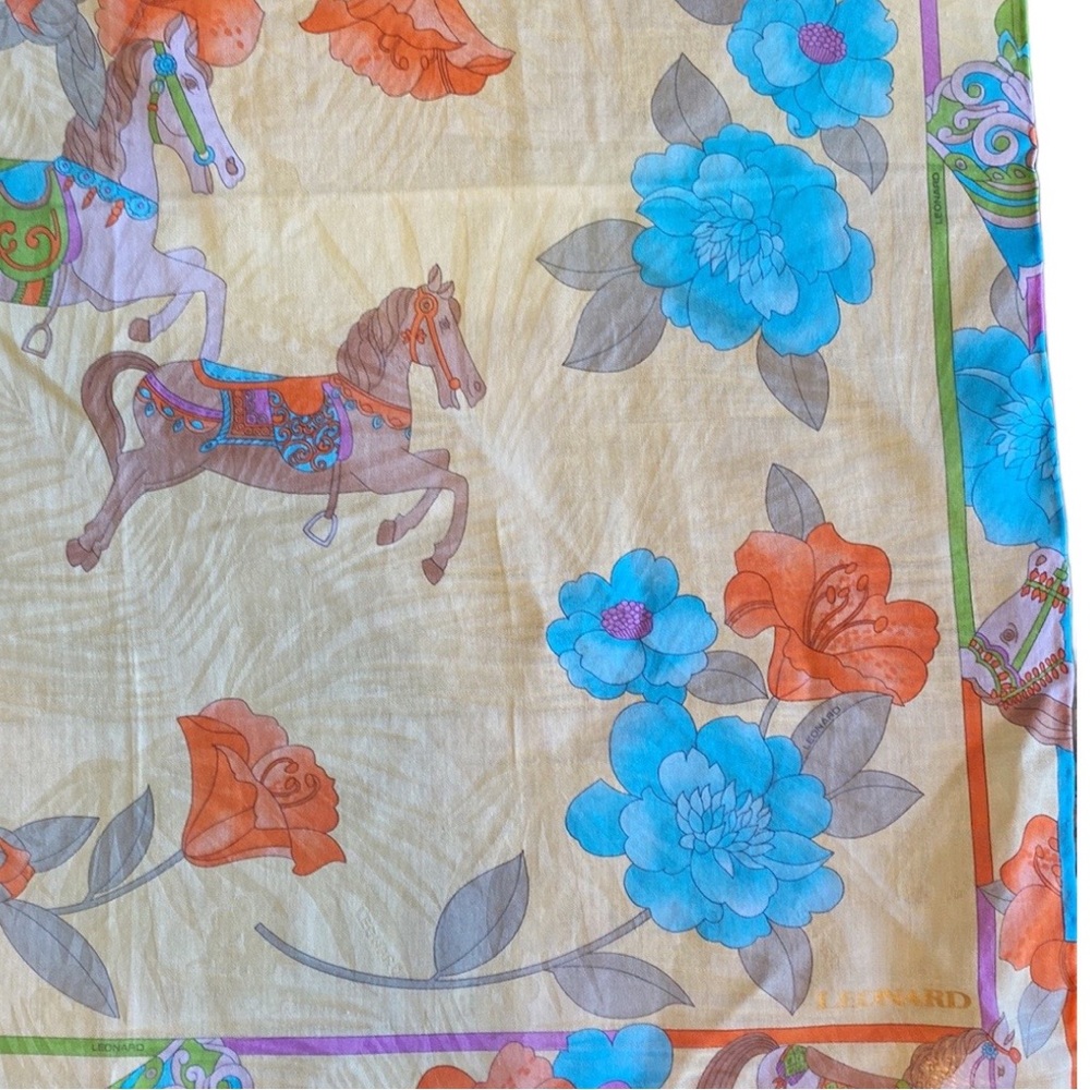 Vintage Leonard Scarf Square Horses Flowers - Picture 5 of 8